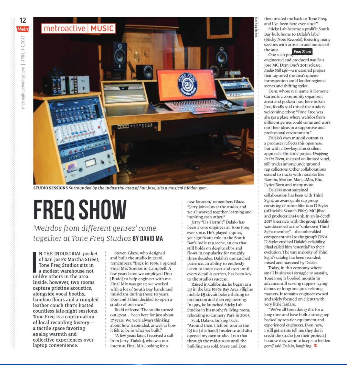 Metro press feature on Tone Freq Studio